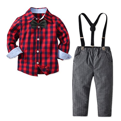 

2 Pieces Kids Boys Shirt & Pants Clothing Set Outfit Plaid Long Sleeve Cotton Set Vacation Gentle Fall Spring 2-6 Years Multi color