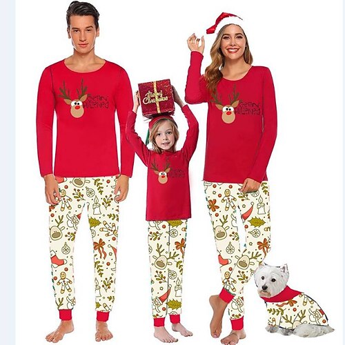 

Christmas Pajamas Family Set Ugly Cartoon Deer Home Red Long Sleeve Mom Dad and Me Daily Matching Outfits