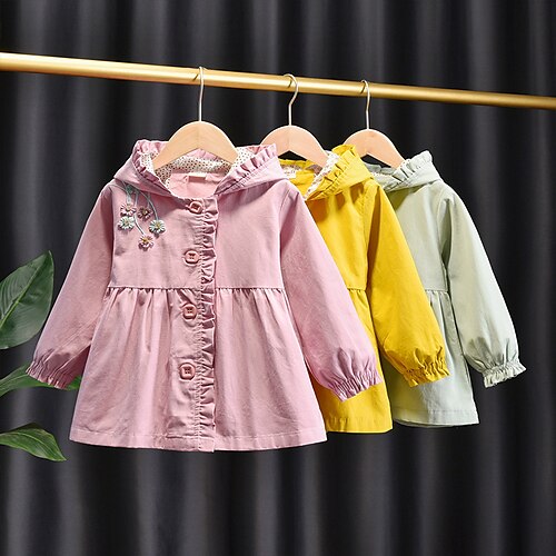 

Kids Girls' Coat Outerwear Plain Long Sleeve Coat Vacation Cotton Active Green Pink Yellow Winter Fall 2-8 Years