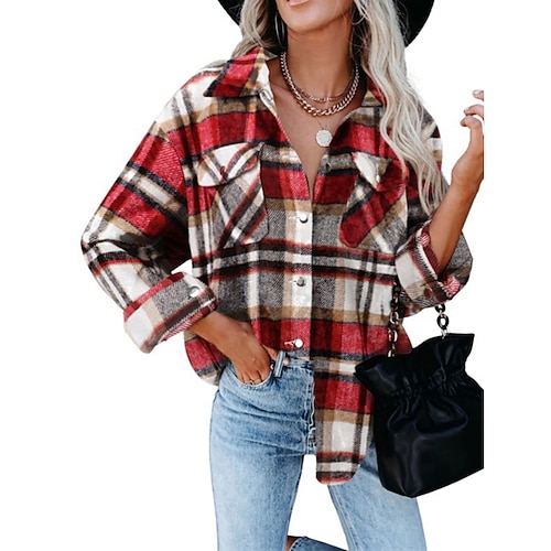 

Women's Casual Jacket Windproof Warm Outdoor Christmas Street Daily Button Pocket Single Breasted Turndown Modern Shacket Plaid Regular Fit Outerwear Long Sleeve Winter Fall Green Pink Khaki S M L XL