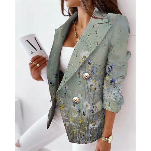 

Women's Blazer Breathable Formal Office Work with Pockets Print Double Breasted Turndown Elegant Formal Modern Office / career Flower Regular Fit Outerwear Long Sleeve Winter Fall Green Blue Khaki S