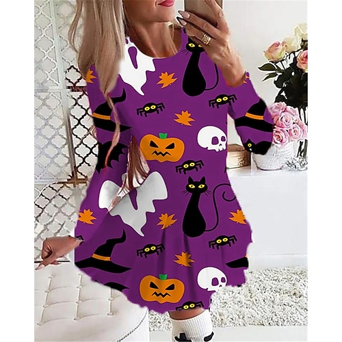 

Women's Casual Dress Swing Dress Short Mini Dress Light Yellow Purple Yellow Lavender Orange Long Sleeve Pumpkin Bat Print Fall Winter Round Neck Vacation Casual Halloween 2022 S M L XL 2XL 3XL 4XL
