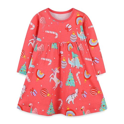

Kids Little Girls' Dress Unicorn Christmas Tree Candy Cane A Line Dress Christmas Red Asymmetrical Long Sleeve Sweet Dresses Christmas Fall Winter Regular Fit 2-8 Years