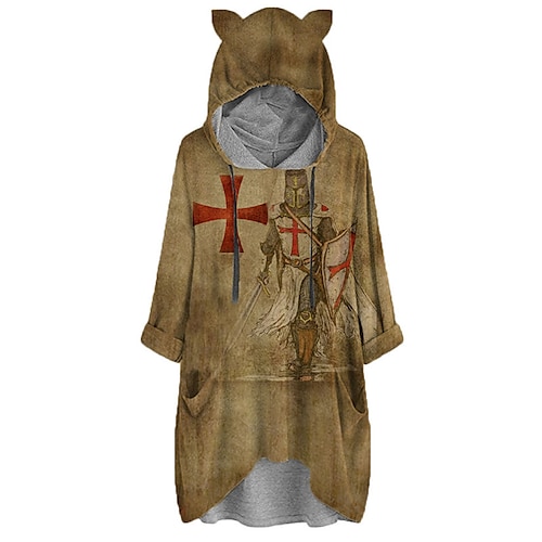 

Women's Hoodie Dress Shift Dress Short Mini Dress Khaki Long Sleeve Print Pocket Print Fall Winter Hooded Vacation Casual 2022 S M L XL XXL 3XL