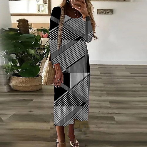 

Women's Casual Dress T Shirt Dress Tee Dress Midi Dress Black Long Sleeve Geometric Striped Print Fall Winter Crew Neck Vacation Casual 2022 S M L XL / 3D Print