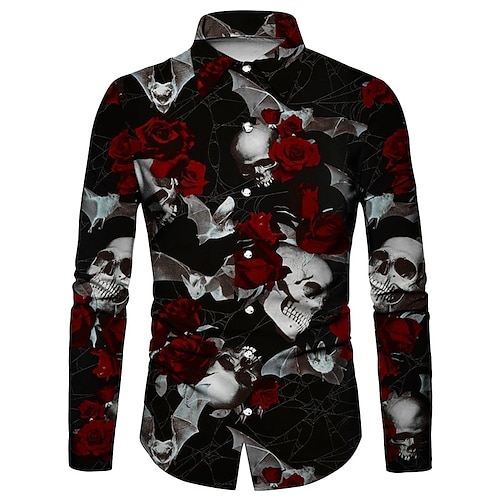 

Men's Shirt Graphic Shirt Floral Skull Rose Sunflower Turndown Black and Red Wine Black White Yellow 3D Print Halloween Street Long Sleeve Button-Down Print Clothing Apparel Fashion Designer Casual