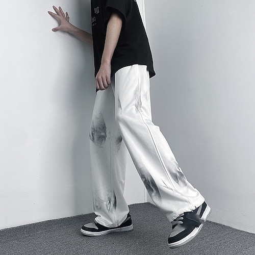 

Men's Trousers Casual Pants Pocket Drawstring Elastic Waist Tie Dye Comfort Soft Daily Streetwear Loose White Black Micro-elastic / Elasticity