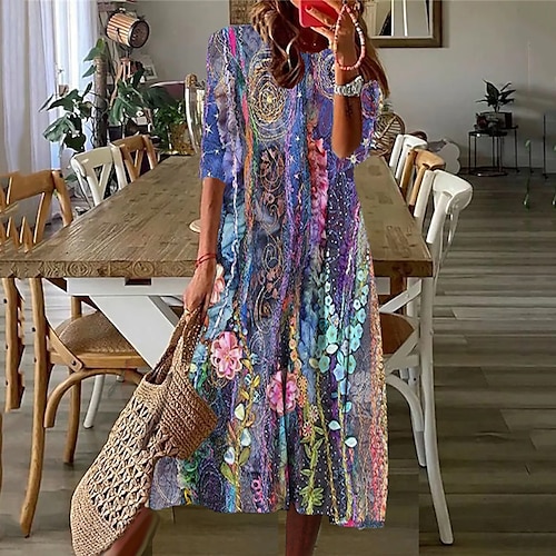 

Women's Casual Dress Shift Dress Midi Dress Purple Red 3/4 Length Sleeve Floral Ruched Winter Fall 2022 S M L XL XXL 3XL