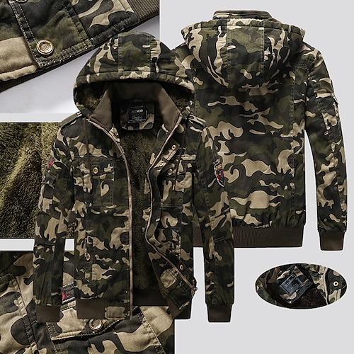 

Men's Hoodie Jacket Camouflage Hunting Jacket with Pockets Hooded Outdoor Thermal Warm Breathable Wearable Soft Winter Camo Top Cotton Hunting Camping Military Army Green Khaki / Combat