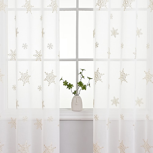 

Christmas Sheer Curtains for Living Room Snowflake Embroidered Christmas Kitchen Sheer Curtains Christmas Decorations Red White Sheer Curtains for Bedroom Window Drapes 1 Panel