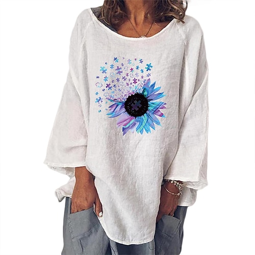 

Women's Blouse Shirt Yellow Red Navy Blue Sunflower Print Long Sleeve Holiday Weekend Streetwear Casual Round Neck Long Loose Fit Floral S / 3D Print