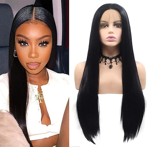 

Synthetic Lace Wig Curly Style 20 24 inch Black Silky Straight 132.5 lace front Wig Women's Wig Black