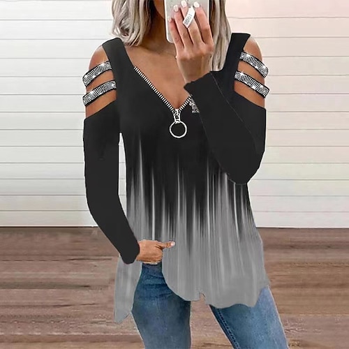 

Women's Shirt Color Block Daily Weekend Shirt Long Sleeve Cut Out Flowing tunic Quarter Zip V Neck Streetwear Casual Blue Gray Fuchsia S / 3D Print / Print