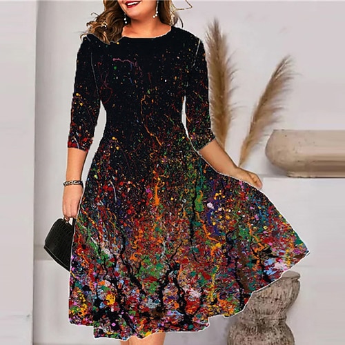 

Women's Plus Size Work Dress Color Gradient Round Neck 3/4 Length Sleeve Fall Winter Stylish Work Midi Dress Daily Vacation Dress