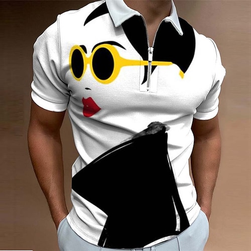 

Men's Collar Polo Shirt Golf Shirt Abstract Turndown White 3D Print Outdoor Street Short Sleeves Zipper Print Clothing Apparel Fashion Casual Breathable / Summer / Spring / Summer