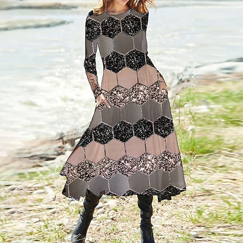 

Women's Casual Dress Swing Dress Long Dress Maxi Dress Gray Long Sleeve Geometric Pocket Winter Fall Autumn Winter Dress Fall Dress 2022 S M L XL XXL 3XL