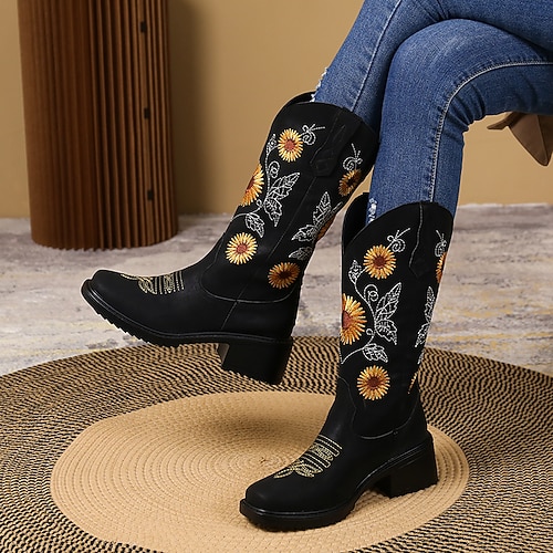 

Women's Boots Cowboy Boots Mid Calf Boots Block Heel Square Toe Classic Daily Walking Shoes PU Leather Loafer Fall Winter Embroidered Dark Brown Black