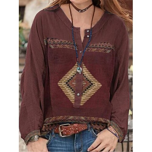 

Women's Plus Size Tops Blouse Shirt Geometry Button Print Long Sleeve Crewneck Vintage Casual Daily Going out Polyester Fall Winter Wine