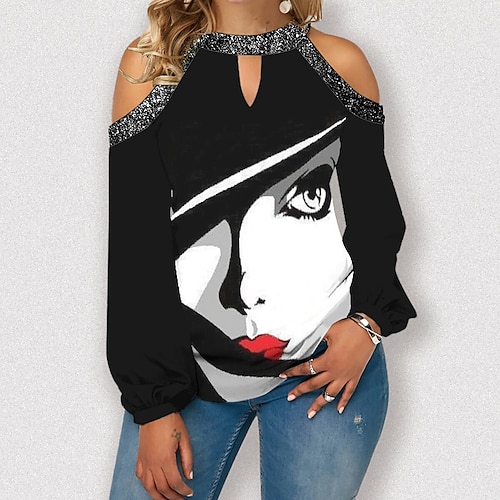 

Women's Blouse Shirt Blue Yellow Dark Gray Sparkly Portrait Cut Out Print Long Sleeve Holiday Weekend Streetwear Casual Round Neck Regular Portrait S / 3D Print