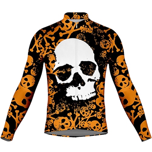 

21Grams Men's Cycling Jersey Long Sleeve Bike Top with 3 Rear Pockets Mountain Bike MTB Road Bike Cycling Breathable Quick Dry Moisture Wicking Reflective Strips Orange Skull Polyester Spandex Sports