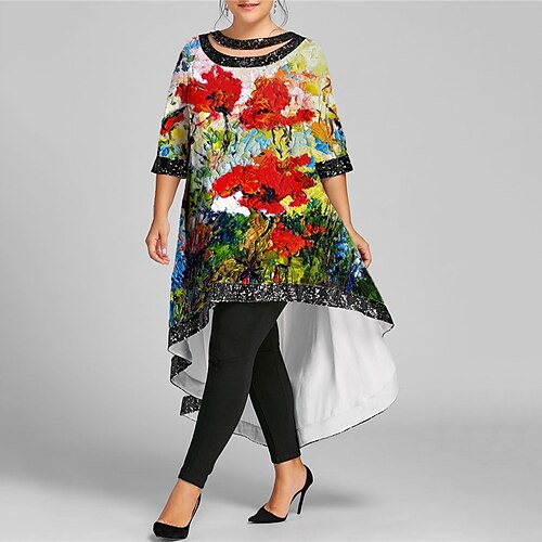 

Women's Plus Size Casual Dress Floral Boat Neck Half Sleeve Fall Winter Casual Maxi long Dress Vacation Going out Dress / 3D Print