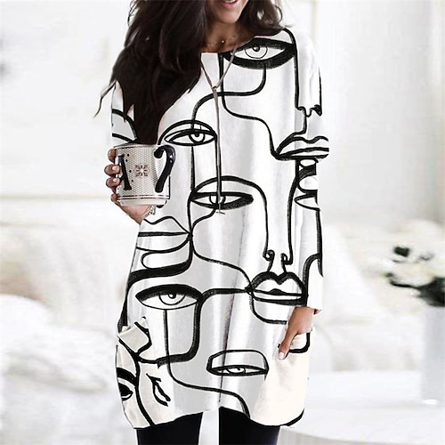 

Robe mi-longue Femme Robe casual manche longue Hiver Automne - Casual Poche Géométrique robe hiver Fin de semaine robe automne Ample 2023 Blanche XS S M L XL XXL 3XL 4XL 5XL 6XL