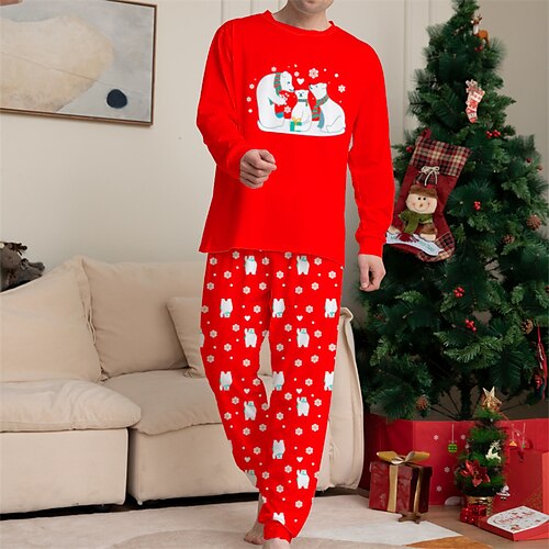 

Men's Christmas Pajamas Sleepwear Pajama Set Pajama Top and Pant 2 Pieces Bear Graphic Prints Fashion Comfort Soft Home Christmas Bed Cotton Blend Breathable Crew Neck Long Sleeve Basic Winter Fall