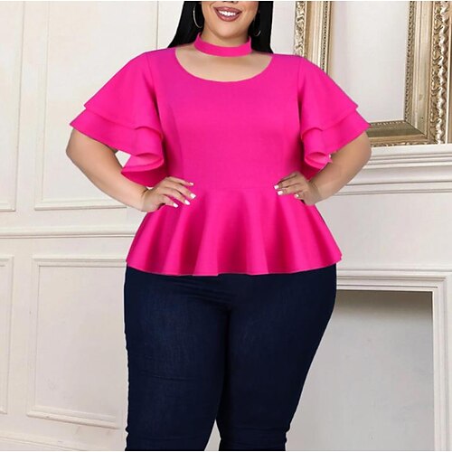 

Women's Plus Size Tops Blouse Shirt Plain Ruffle Short Sleeve Crew Neck Streetwear Sexy Going out Work Polyester Spring Summer Fuchsia