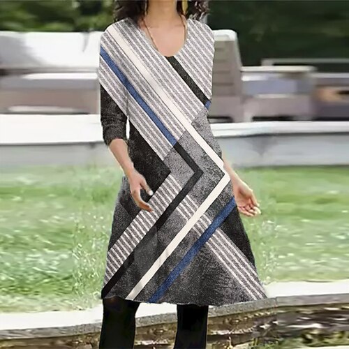 

Women's Casual Dress T Shirt Dress Tee Dress Short Mini Dress Gray Long Sleeve Striped Pocket Print Fall Winter V Neck Vacation Casual 2022 S M L XL XXL 3XL