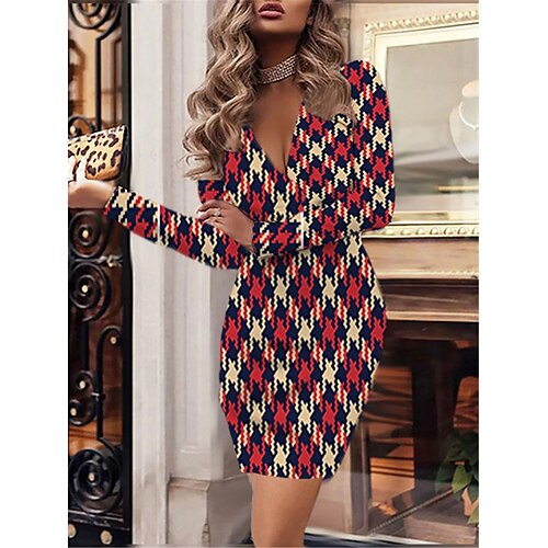 

Women's Bodycon Sheath Dress Short Mini Dress Blue Red Long Sleeve Houndstooth Plaid Print Fall Winter V Neck Elegant Fashion Modern 2022 XS S M L XL 2XL 3XL 4XL 5XL 6XL / 3D Print