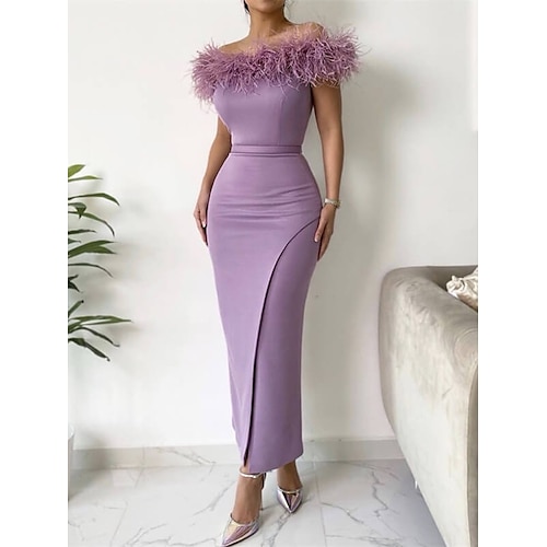 

Sheath / Column Bridesmaid Dress Off Shoulder Short Sleeve Vintage Ankle Length Stretch Fabric with Split Front / Solid Color 2022