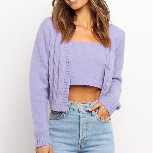 

Women's Sweater Set Jumper Cable Knit Button Knitted Solid Color V Neck Stylish Casual Outdoor Daily Winter Fall Blue Purple S M L / Long Sleeve / Regular Fit / Going out