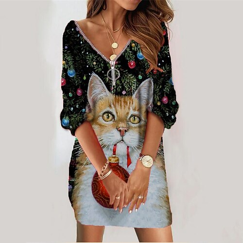 

Women's Sweatshirt Dress Shift Dress Christmas Short Mini Dress Yellow Gold Red White Black Long Sleeve Cat Santa Claus Elk Zipper Print Fall Winter V Neck Vacation Casual Loose Fit 2022 S M L XL XXL