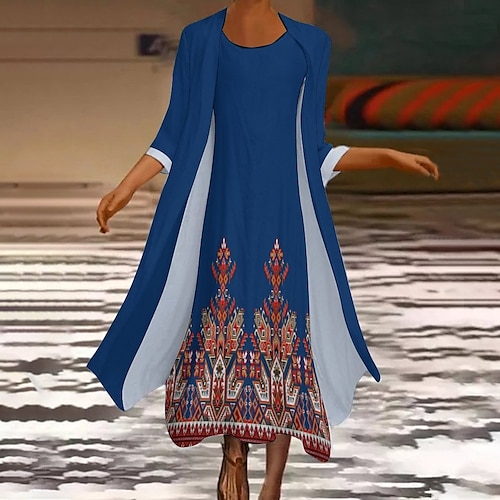 

Women's Dress Set Two Piece Dress Maxi long Dress Royal Blue Long Sleeve Color Block Print Fall Winter Crew Neck Vacation Casual Loose Fit 2022 S M L XL XXL 3XL 4XL 5XL
