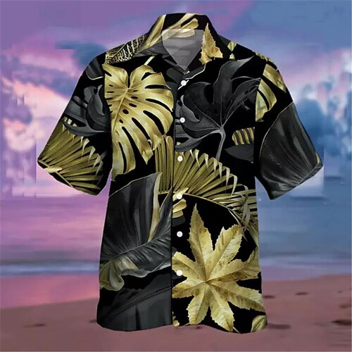

Men's Shirt Leaves Turndown Black Short Sleeve 3D Print Outdoor Street Button-Down Print Tops Fashion Designer Casual Breathable / Summer / Spring / Summer
