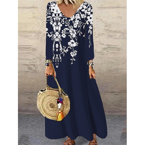 

Women's Casual Dress Shift Dress Maxi long Dress Black Wine Navy Blue Long Sleeve Floral Print Fall Winter V Neck Stylish Casual 2022 L XL 2XL 3XL 4XL 5XL 6XL / 3D Print