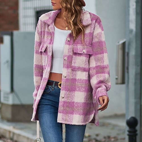 

Women's Teddy Coat Windproof Warm Outdoor Street Daily Vacation Button Pocket Print Single Breasted Turndown Casual Street Style Stripes and Plaid Regular Fit Outerwear Long Sleeve Winter Fall Light