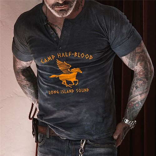 

Men's T shirt Tee Henley Shirt Tee Graphic Henley Black Short Sleeve 3D Print Pegasus Plus Size Outdoor Daily Button-Down Print Tops Basic Designer Casual Classic / Summer / Summer / Sports