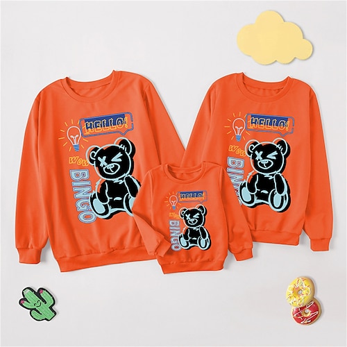 

Family Look Sweatshirt Graphic Letter Bear Daily Print Orange Long Sleeve Daily Matching Outfits