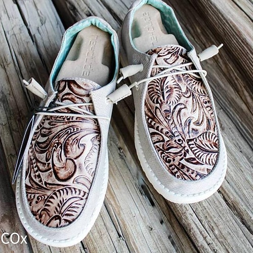 

Women's Unisex Sneakers Outdoor Daily Plus Size Flat Heel Round Toe Vintage Casual PU Leather Loafer Floral Grey