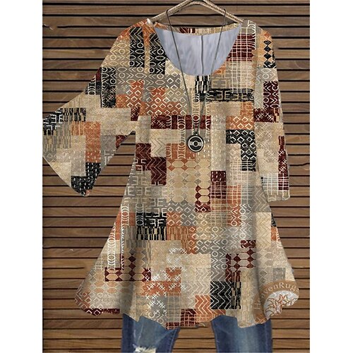 

Women's Plus Size Tops Blouse Shirt Color Block Geometry Print 3/4 Length Sleeve Crewneck Casual Daily Holiday Cotton Spandex Jersey Fall Winter Yellow