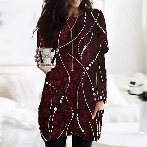 

Women's Casual Dress Short Mini Dress Short Mini Dress Wine Long Sleeve Geometric Pocket Fall Winter Round Neck Casual 2022 XS S M L XL XXL 3XL 4XL 5XL 6XL