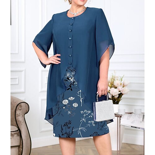 

Women's Plus Size Dress Set Floral Crew Neck 3/4 Length Sleeve Fall Winter Work Formal Knee Length Dress Formal Work Dress