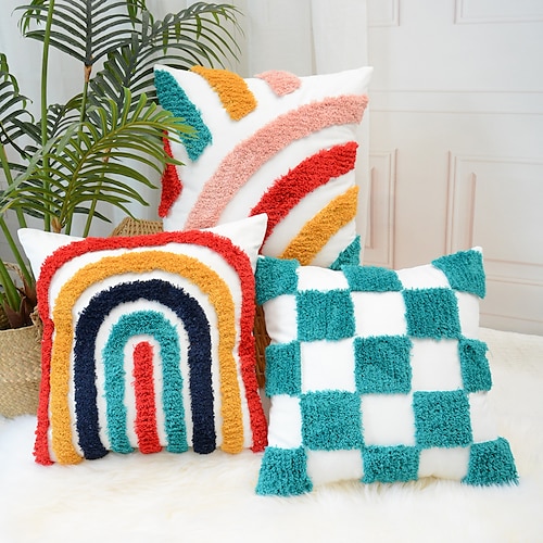 

Cotton Tufted Pillow Covers Colorful Geometric Decorative Pillowcase Square Embroidery Throw cushion Cover for Sofa Couch Bed Bench Living Room 1PC