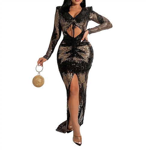 

Women's Sequin Dress Bodycon Black Dress Long Dress Maxi Dress Black Long Sleeve Pure Color Sequins Winter Fall Autumn V Neck Fashion Winter Dress Fall Dress Slim 2022 S M L XL 2XL
