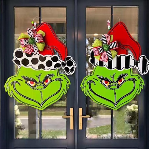 

Christmas Wreath Wooden House Number Grinch Door Hanging Green Hair Monster The Grinch Wreath