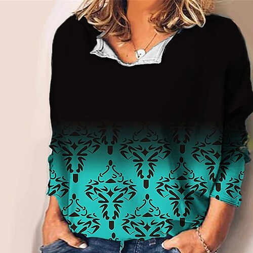 

Women's Plus Size Tops Blouse Shirt Floral Color Gradient Print Long Sleeve V Neck Casual Daily Vacation Polyester Fall Winter Blue khaki