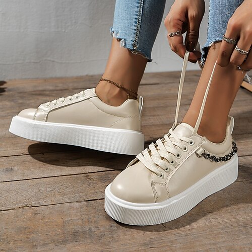 

Women's Sneakers Plus Size Flat Heel Round Toe PU Leather Lace-up Beige