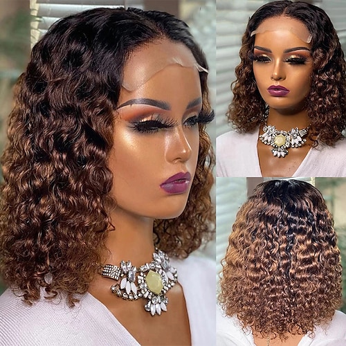 

Remy Human Hair 13x4 Lace Front Wig Short Bob Brazilian Hair Curly Brown Wig 130% 150% Density with Baby Hair Color Gradient Natural Hairline 100% Virgin Pre-Plucked For wigs for black women Long