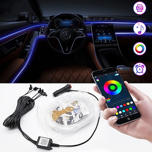 

OTOLAMPARA 2022 New 6 in 1 RGB Car Interior Ambient Light 12V APP Music Control Car Optical Fiber Strips LED Atmosphere Decorative Neon Lamp